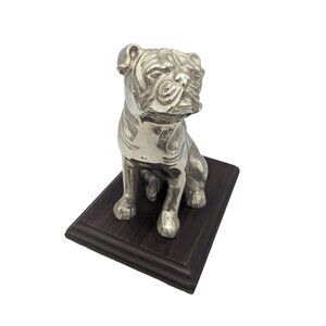 Cast Aluminum Pug/Bulldog Figurine On Wooden Stand 7" Tall Unique‎ Accent Piece